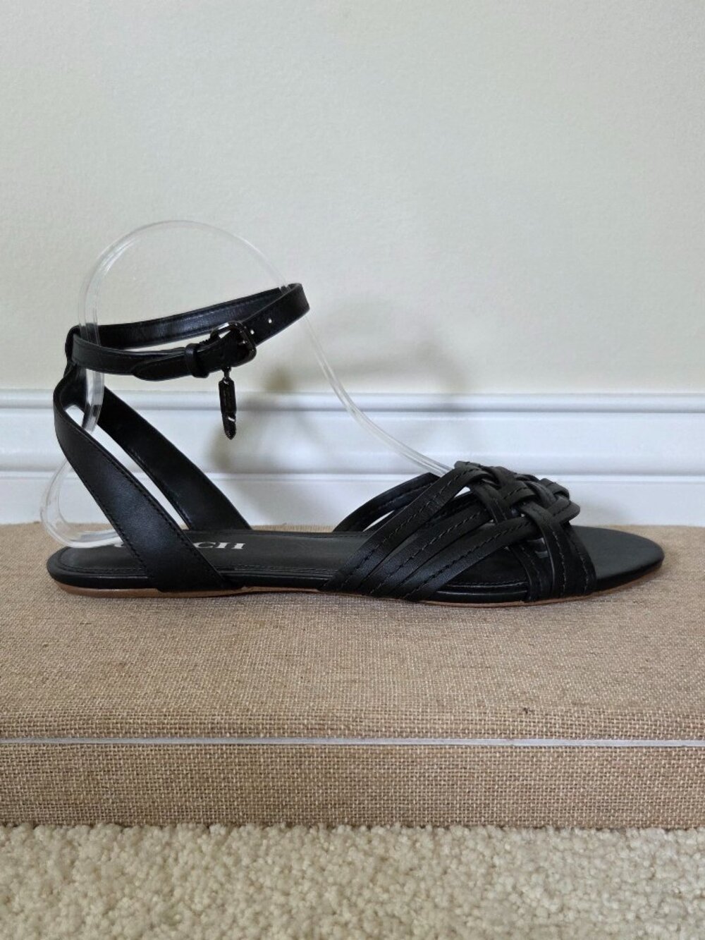 NEW Coach Black Leather Strappy Flat Sandals